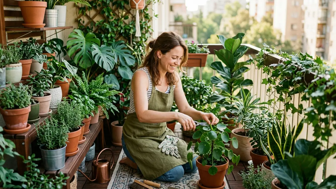 Pessoa cuidando de plantas em vasos dentro de casa, regando e organizando um pequeno jardim doméstico