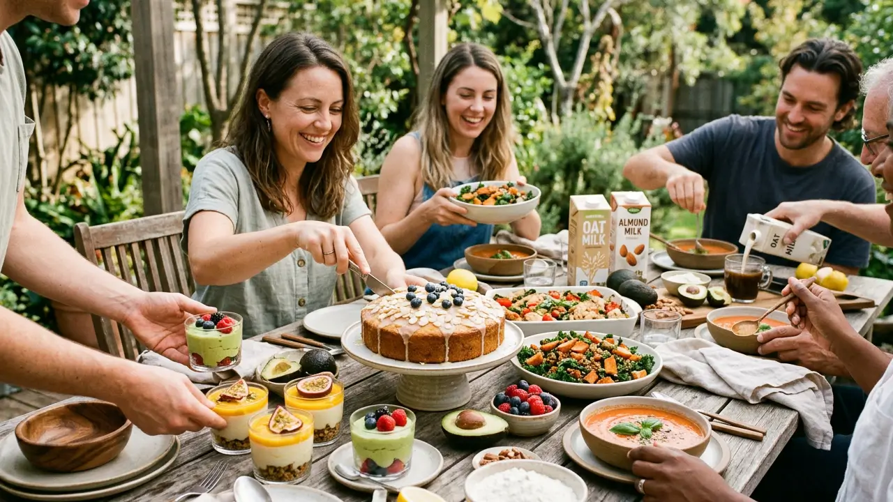 Pratos sem lactose como bolo, sobremesa e refeição saudável preparados com ingredientes naturais e sem leite