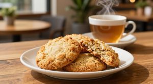Biscoito quebra-quebra sem glúten, sem lactose e sem açúcar servido com café da tarde.