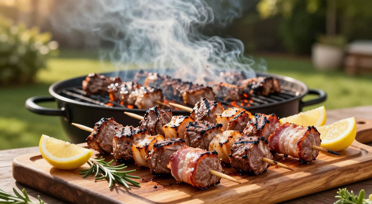 Espetinho de carne e bacon grelhado em churrasqueira