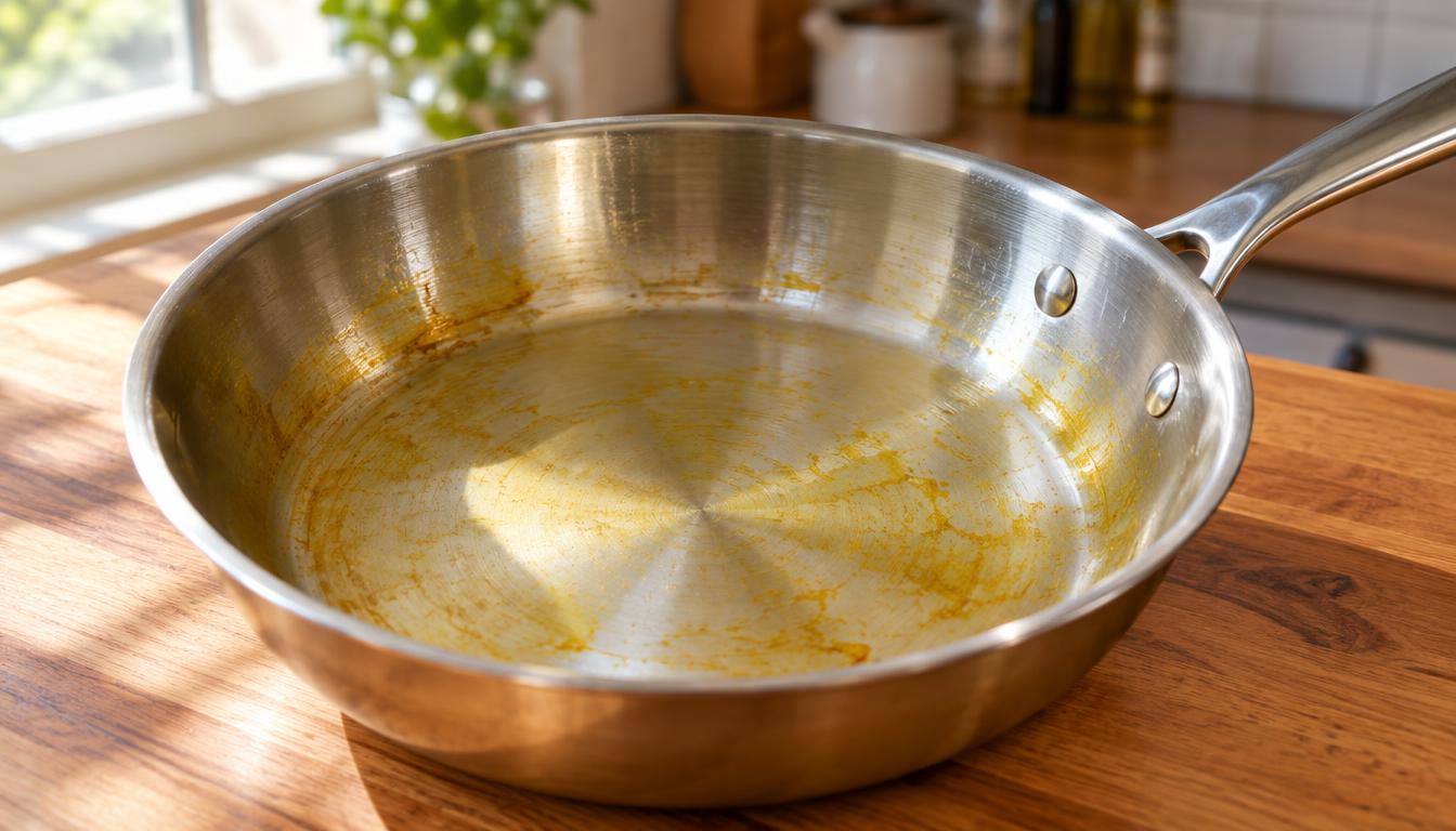 Panela de inox com manchas amareladas visíveis na superfície interna sobre uma bancada de cozinha.