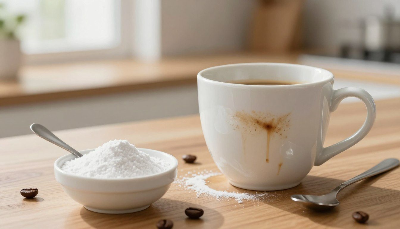 Xícara branca com manchas de café ao lado de uma pequena tigela com bicarbonato de sódio sobre uma mesa.