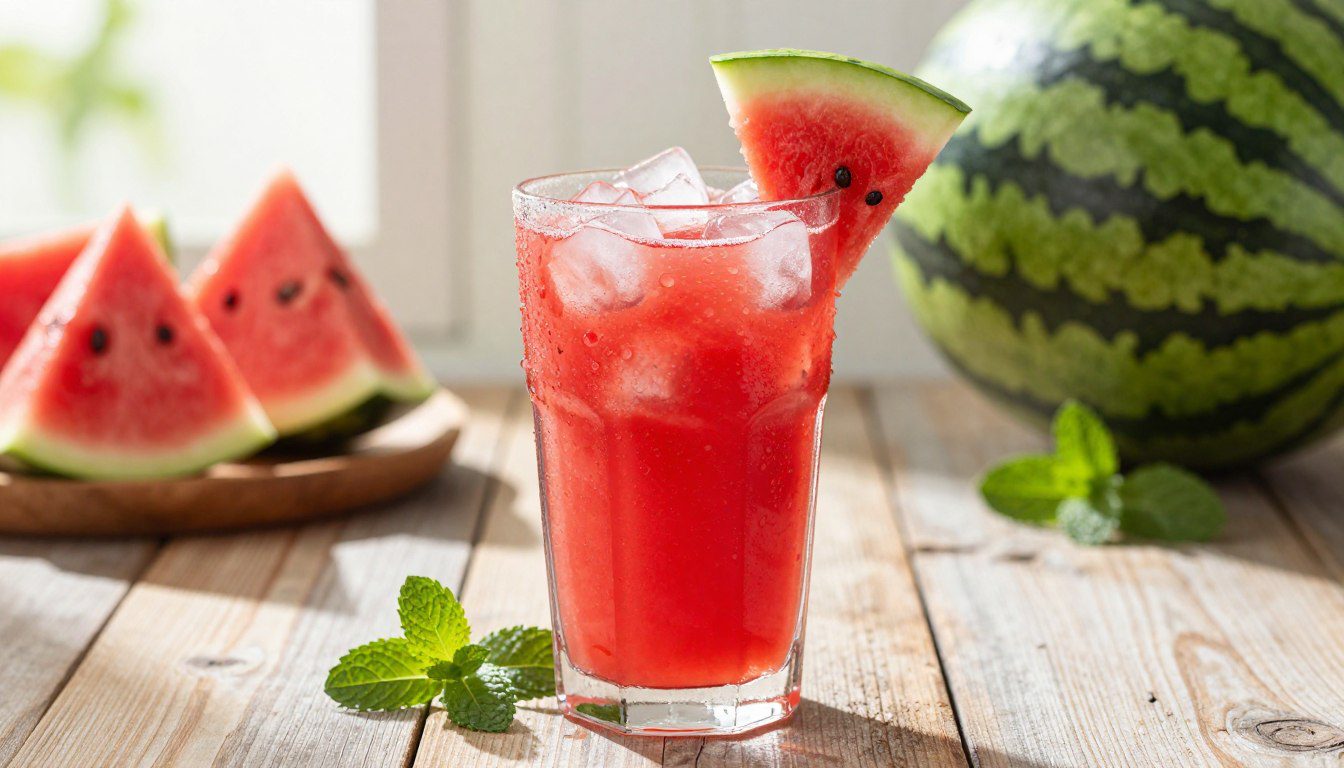 Como Conservar o Suco de Melancia Copo de suco de melancia gelado com gelo e fatia da fruta sobre uma mesa de madeira.