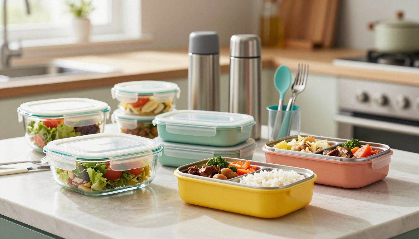 Como Escolher Potes para Levar Marmita ao Trabalho: O que Priorizar na Compra Potes para marmita de vidro, com divisórias e recipientes térmicos organizados com diferentes refeições em uma cozinha.