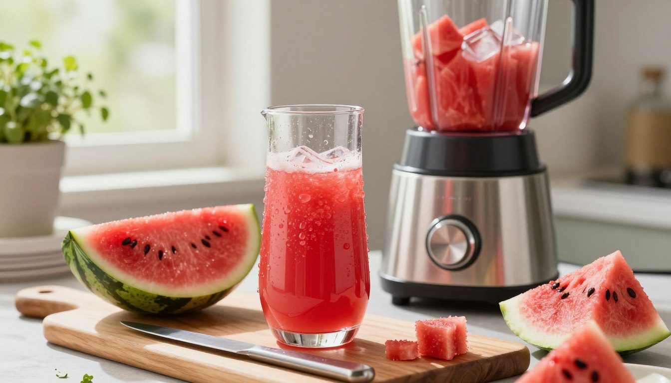 Como Fazer Suco de Melancia Caseira Melancia cortada, liquidificador com pedaços da fruta e jarra com suco de melancia sobre uma bancada de cozinha.
