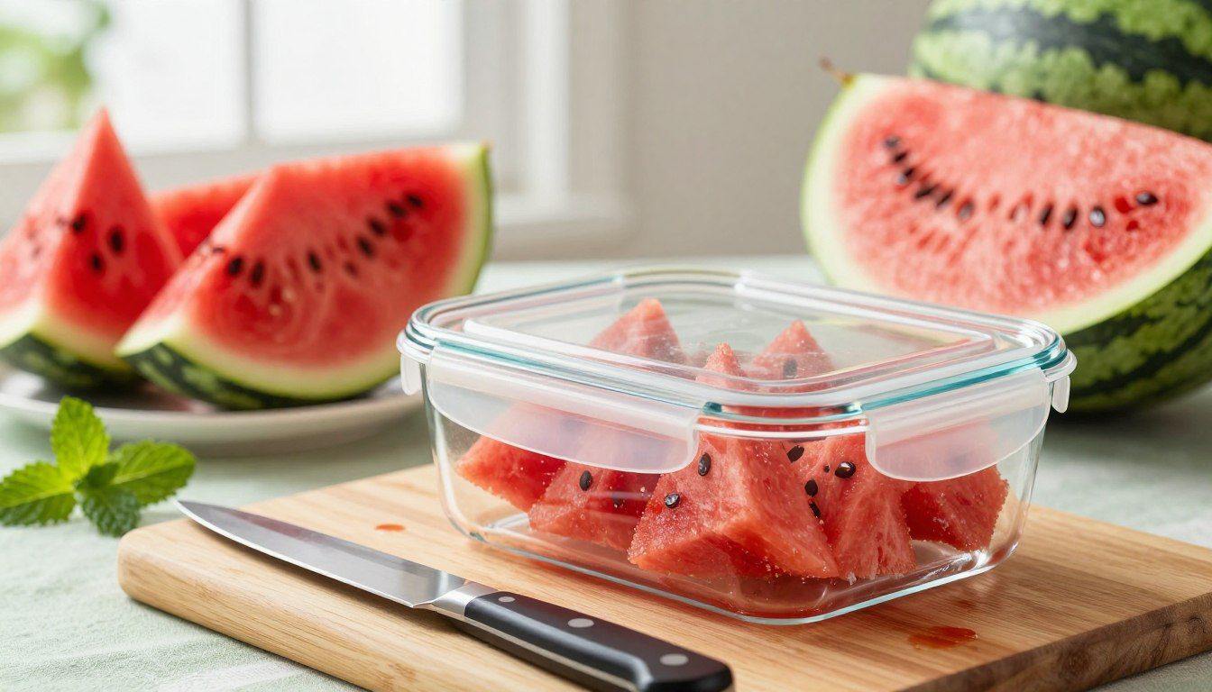 Como conservar a melancia cortada por mais tempo Melancia cortada armazenada em recipiente de vidro com tampa sobre uma bancada de cozinha.