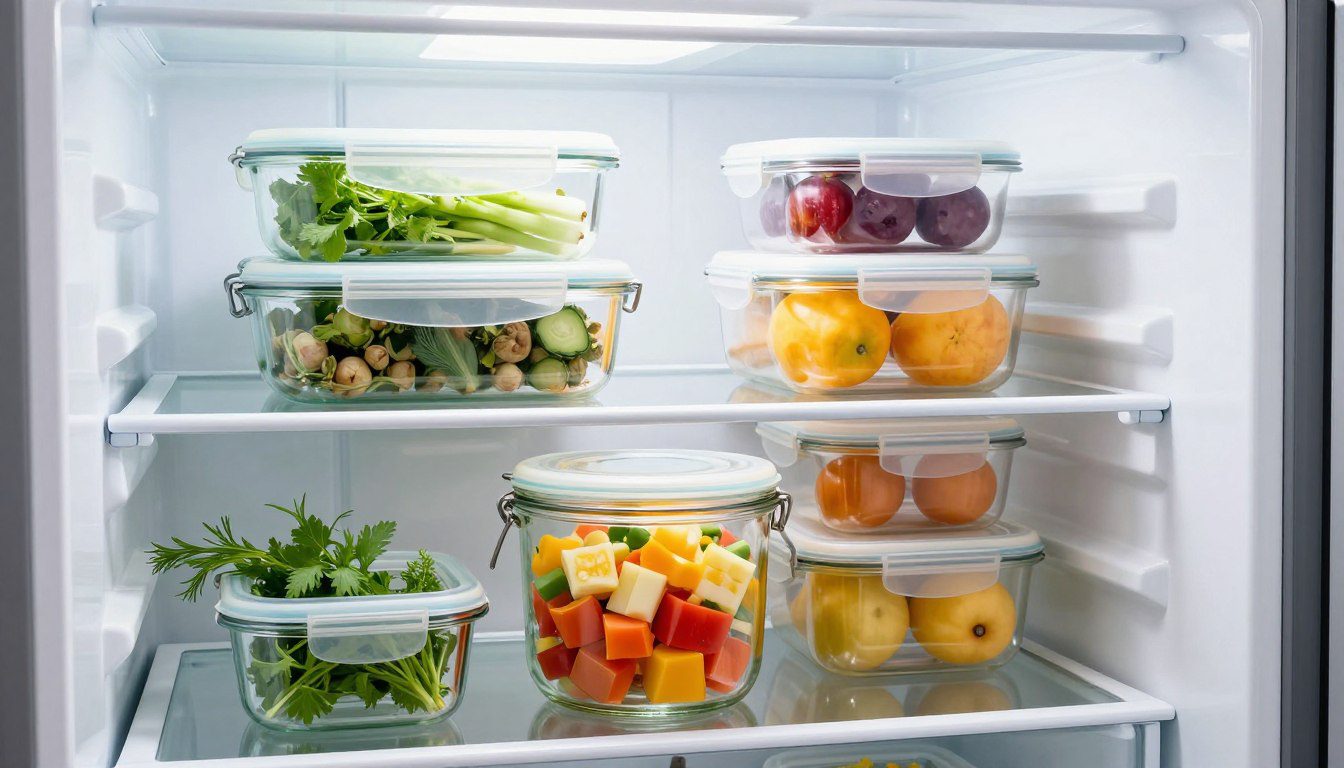 Como escolher o tamanho do pote hermético para cada alimento Potes herméticos de diferentes tamanhos com vegetais, ervas, frutas e refeições organizados nas prateleiras da geladeira.
