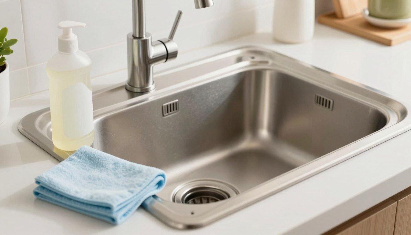 Pia de inox limpa e brilhante ao lado de pano macio e materiais utilizados na limpeza.
