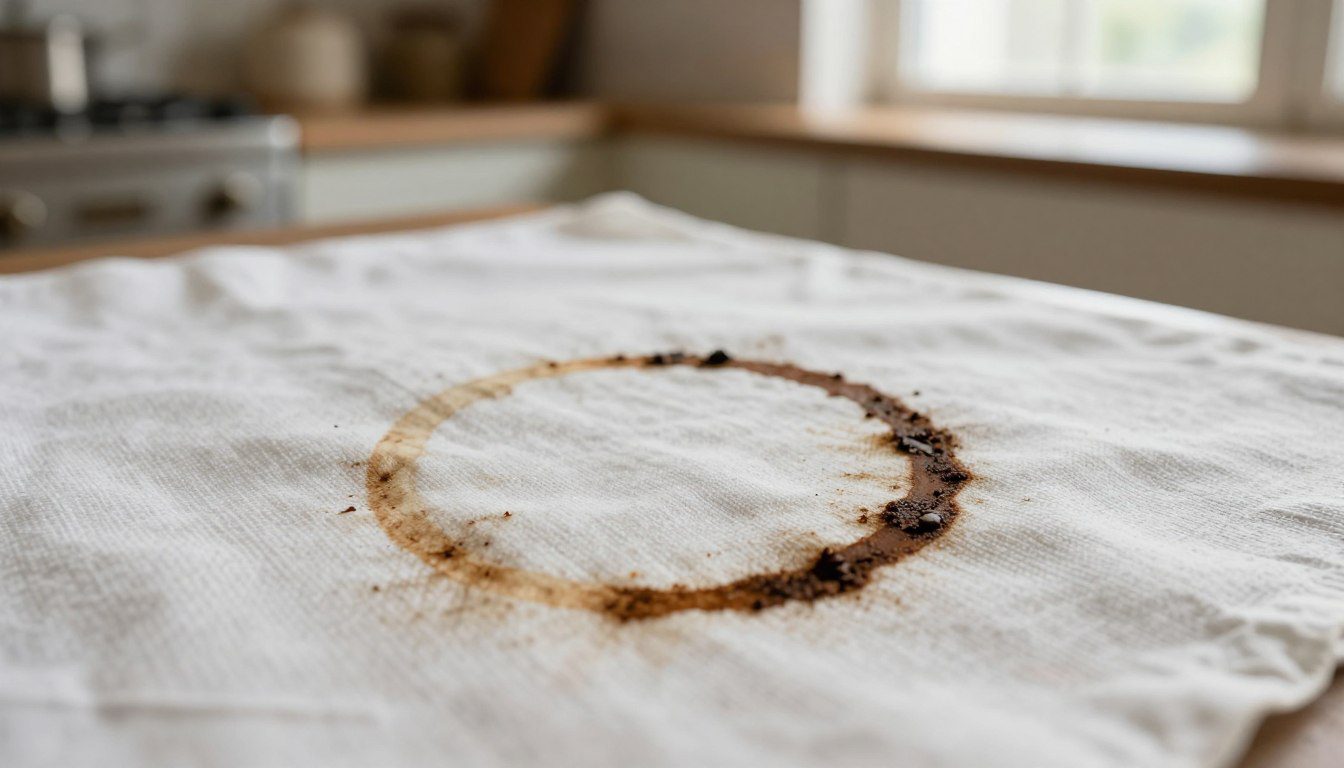 Mancha de café seca e escura sobre um tecido branco texturizado.