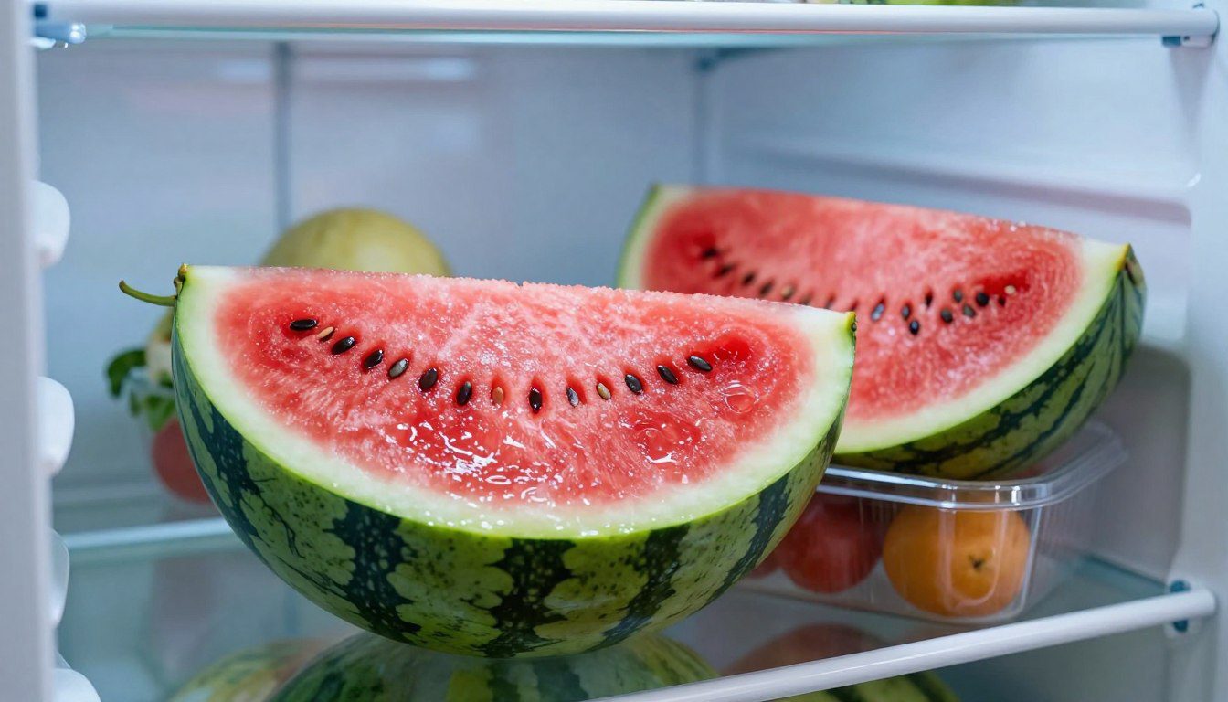 Melancia cortada com polpa vermelha armazenada em uma prateleira de geladeira junto a outras frutas frescas.
