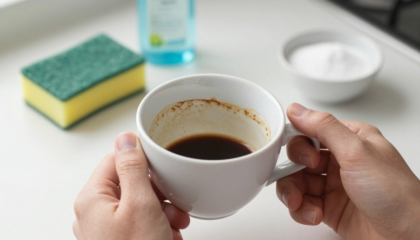 Xícara branca com manchas de café na parte interna ao lado de esponja, detergente e bicarbonato de sódio.