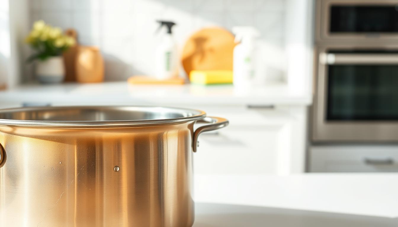 Panela de inox com manchas amareladas sobre uma bancada de cozinha ao lado de materiais utilizados na limpeza.