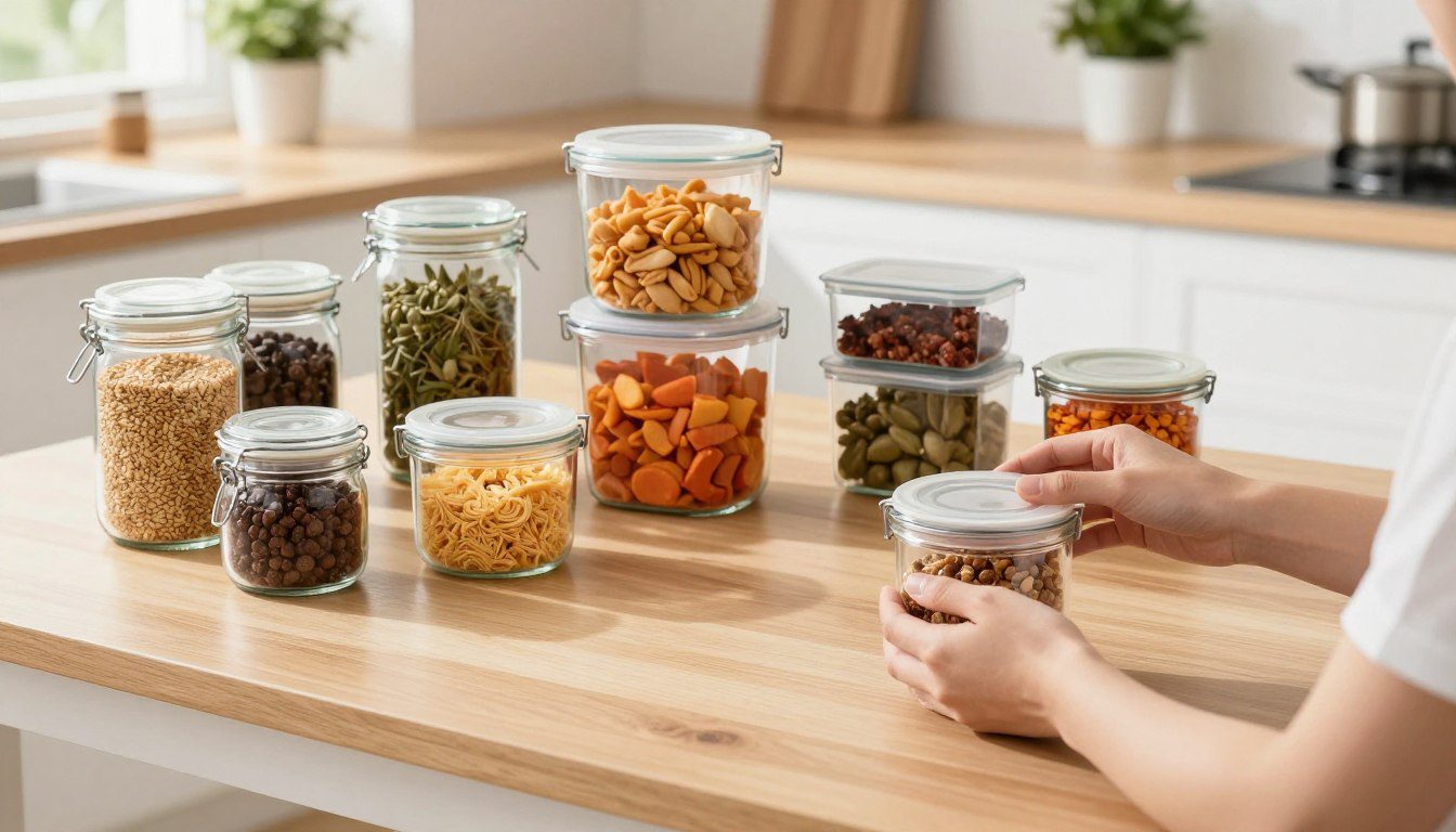 Potes herméticos de vidro e plástico com grãos, temperos e alimentos sendo organizados e fechados em uma cozinha.