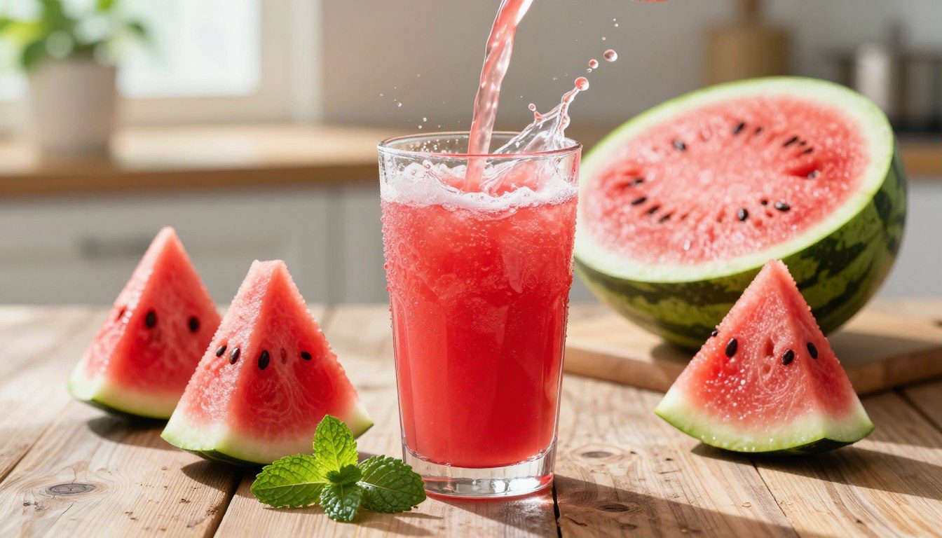 Dicas para Preparar um Suco de Melancia Saboroso Copo de suco de melancia com fatias da fruta e folhas de hortelã sobre uma mesa de madeira.