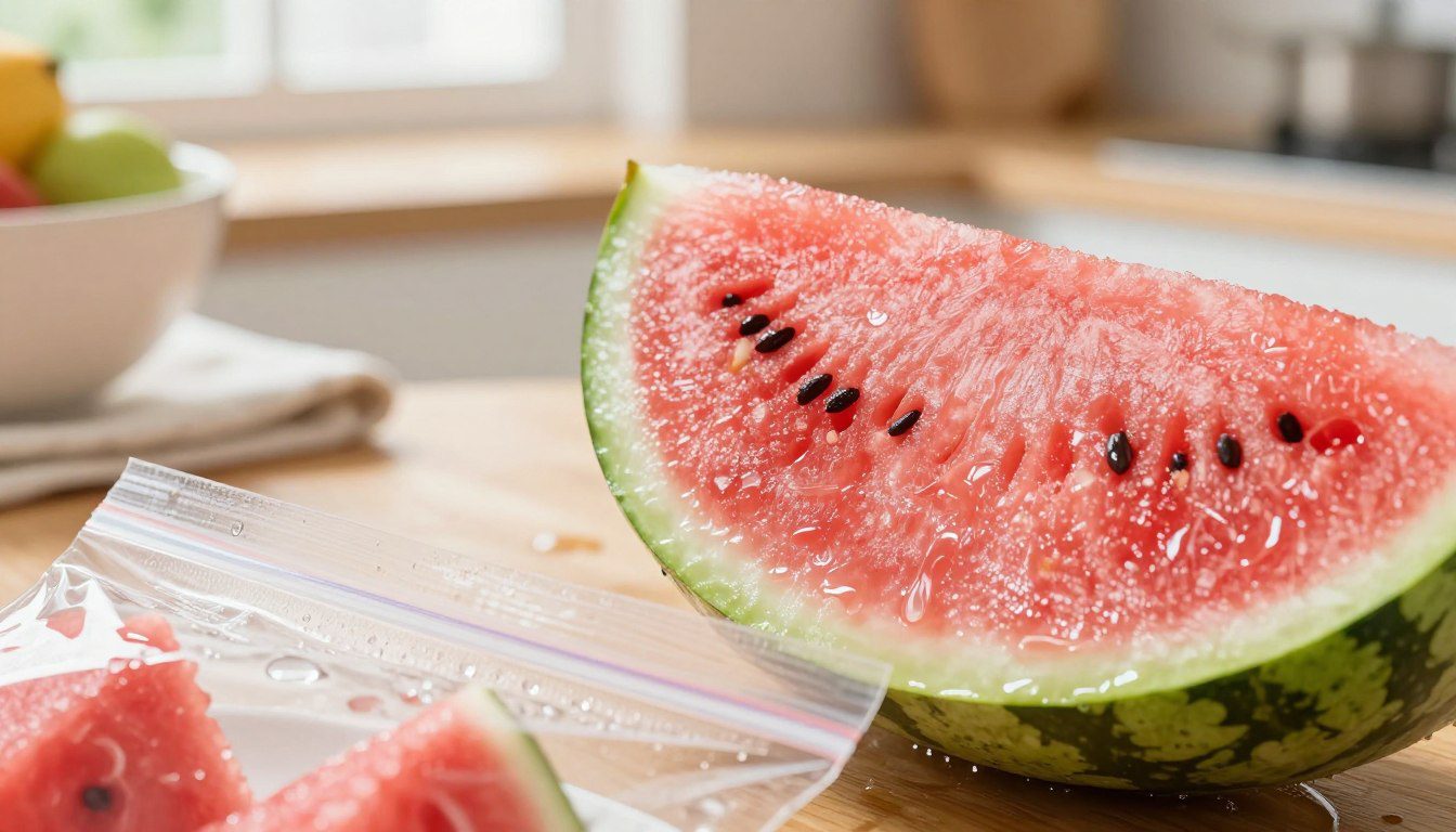Pedaços de melancia em processo de descongelamento dentro de um saco próprio para armazenamento de alimentos.