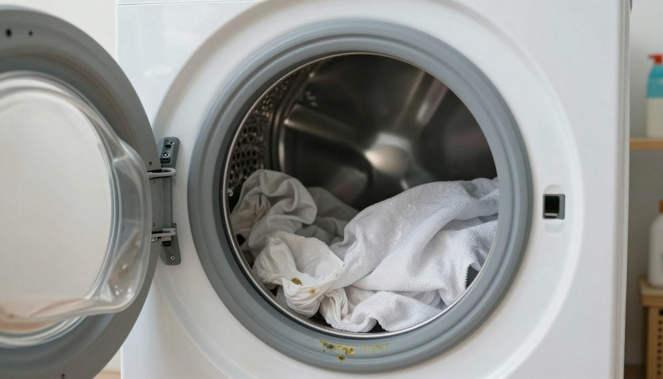 Máquina de lavar com roupas úmidas e resíduos acumulados na borracha de vedação e no tambor.