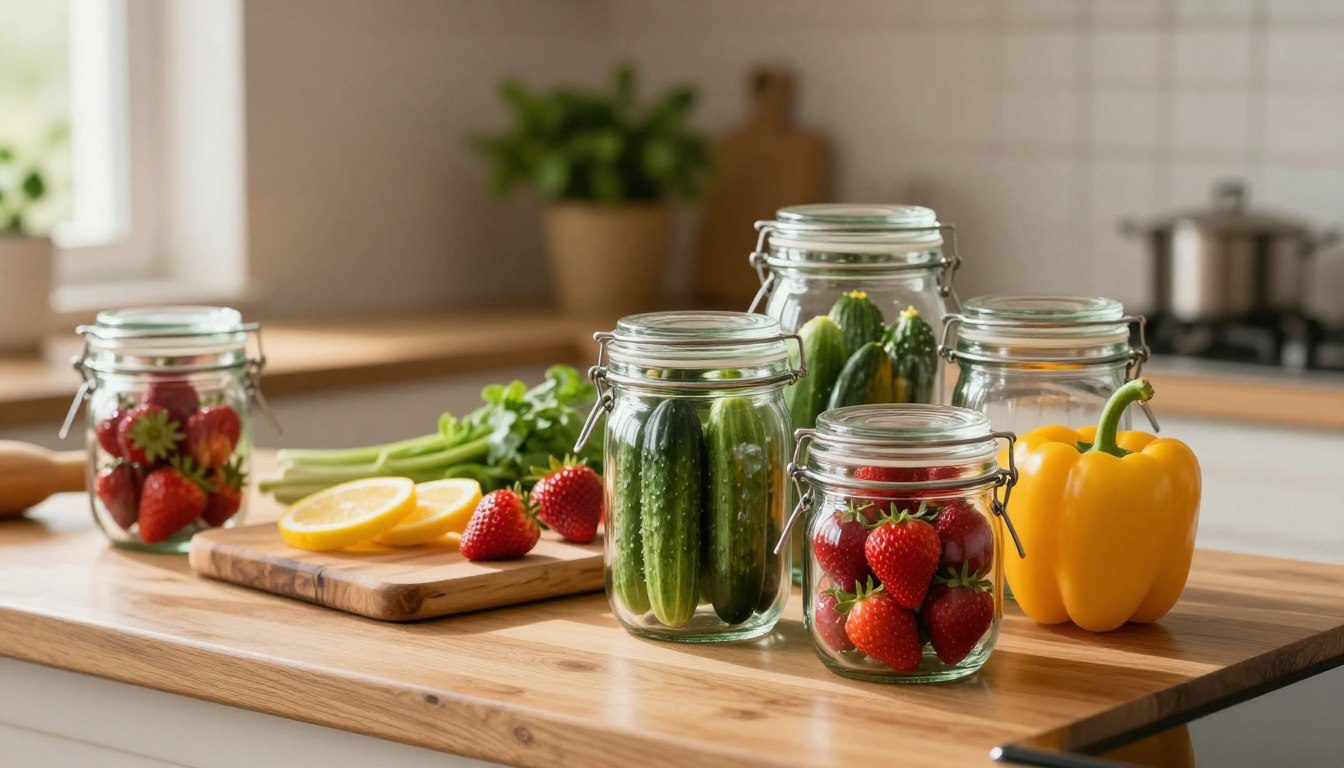 Frutas e verduras frescas armazenadas em potes herméticos de vidro sobre uma bancada de cozinha.