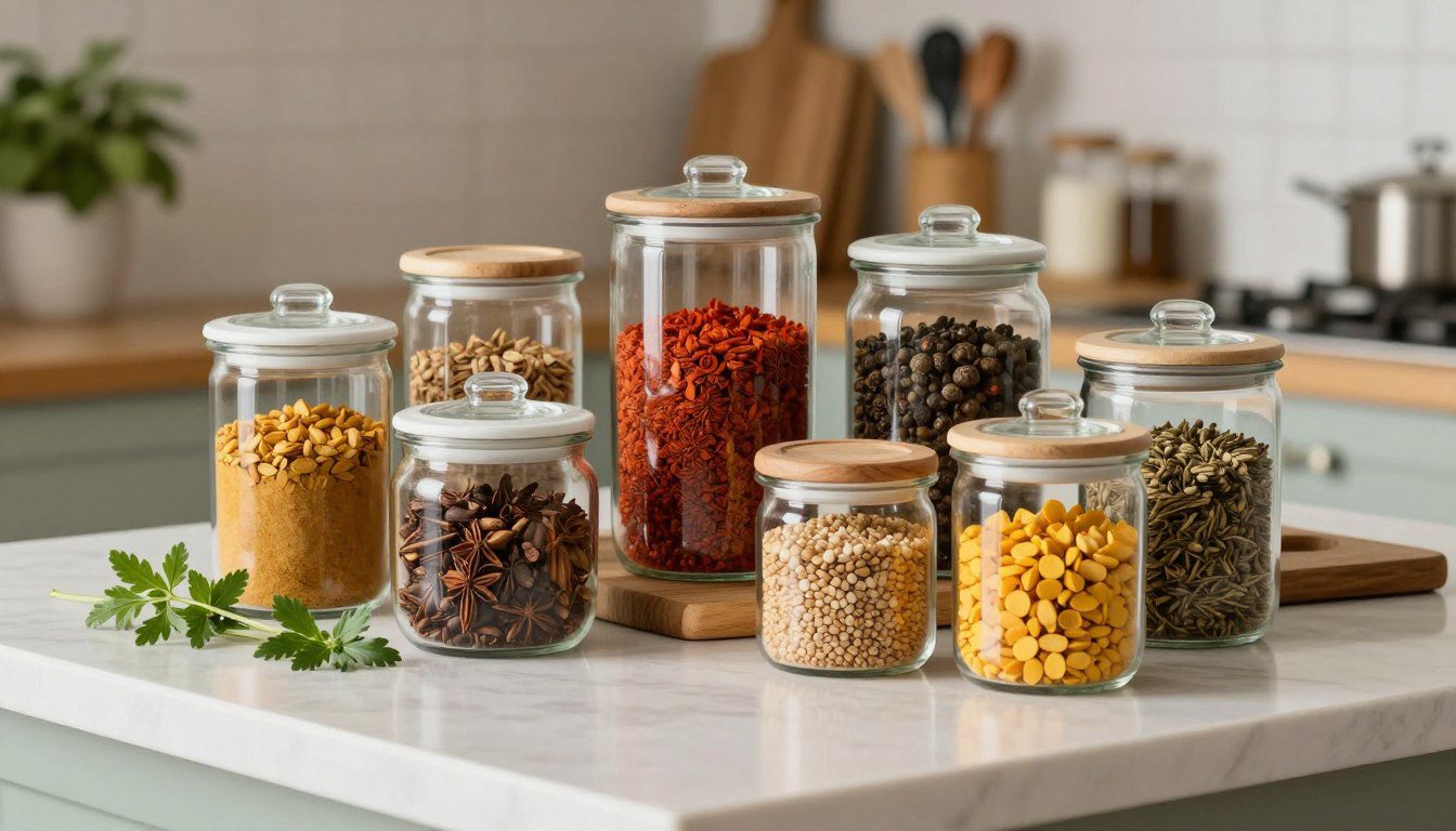 Potes herméticos de diferentes tamanhos e formatos com temperos e grãos organizados sobre uma bancada de cozinha.