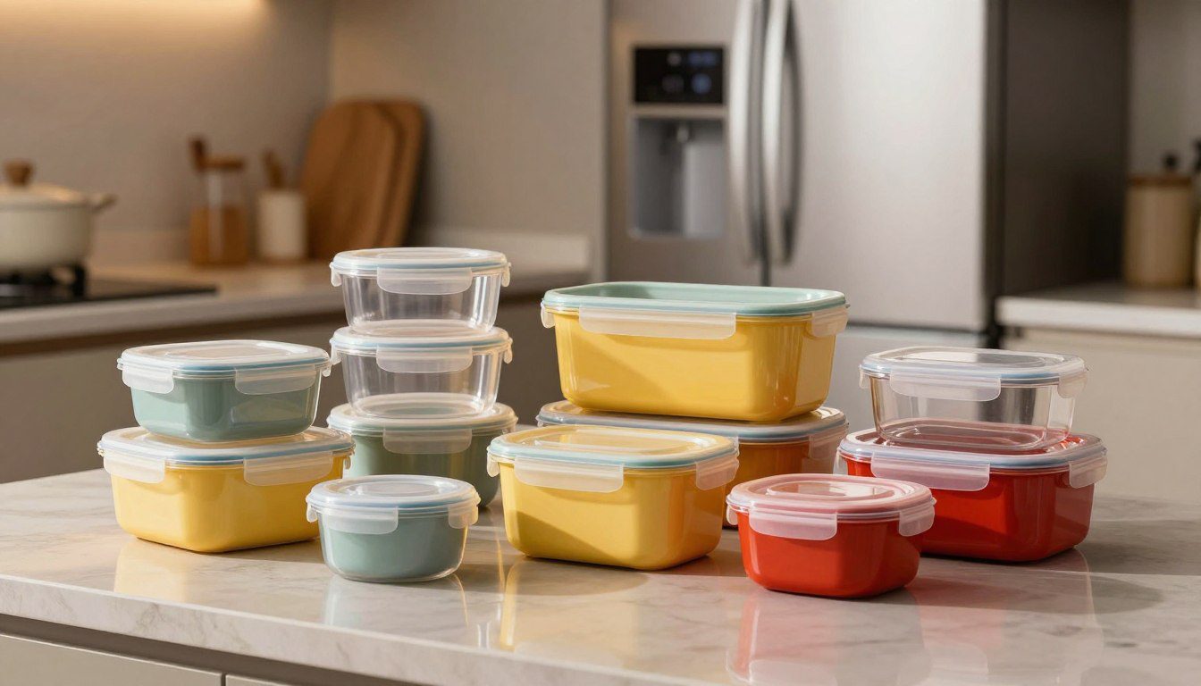 Kit de potes herméticos de diferentes tamanhos e formatos organizado sobre uma bancada de cozinha próxima à geladeira.