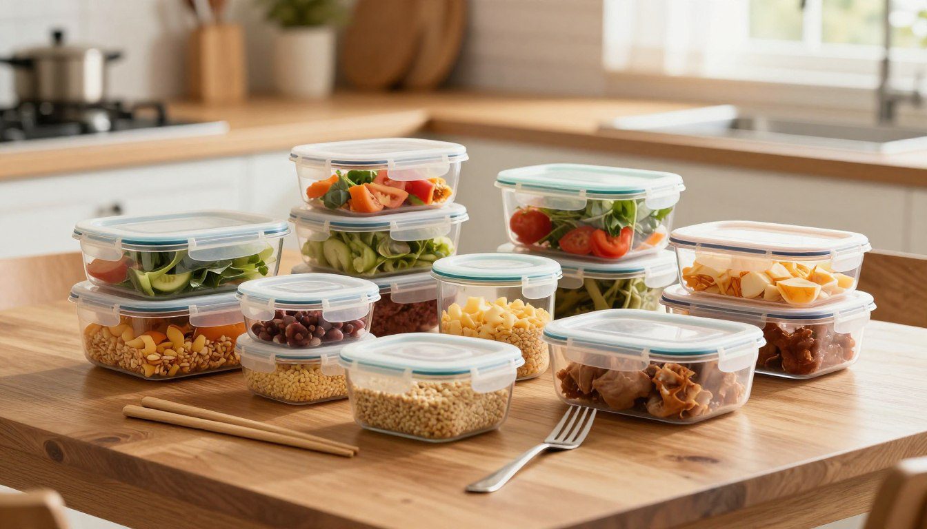 Kit de potes para marmita ou unidades avulsas: o que considerar Potes para marmita de diferentes tamanhos e formatos organizados sobre uma mesa de cozinha com utensílios.