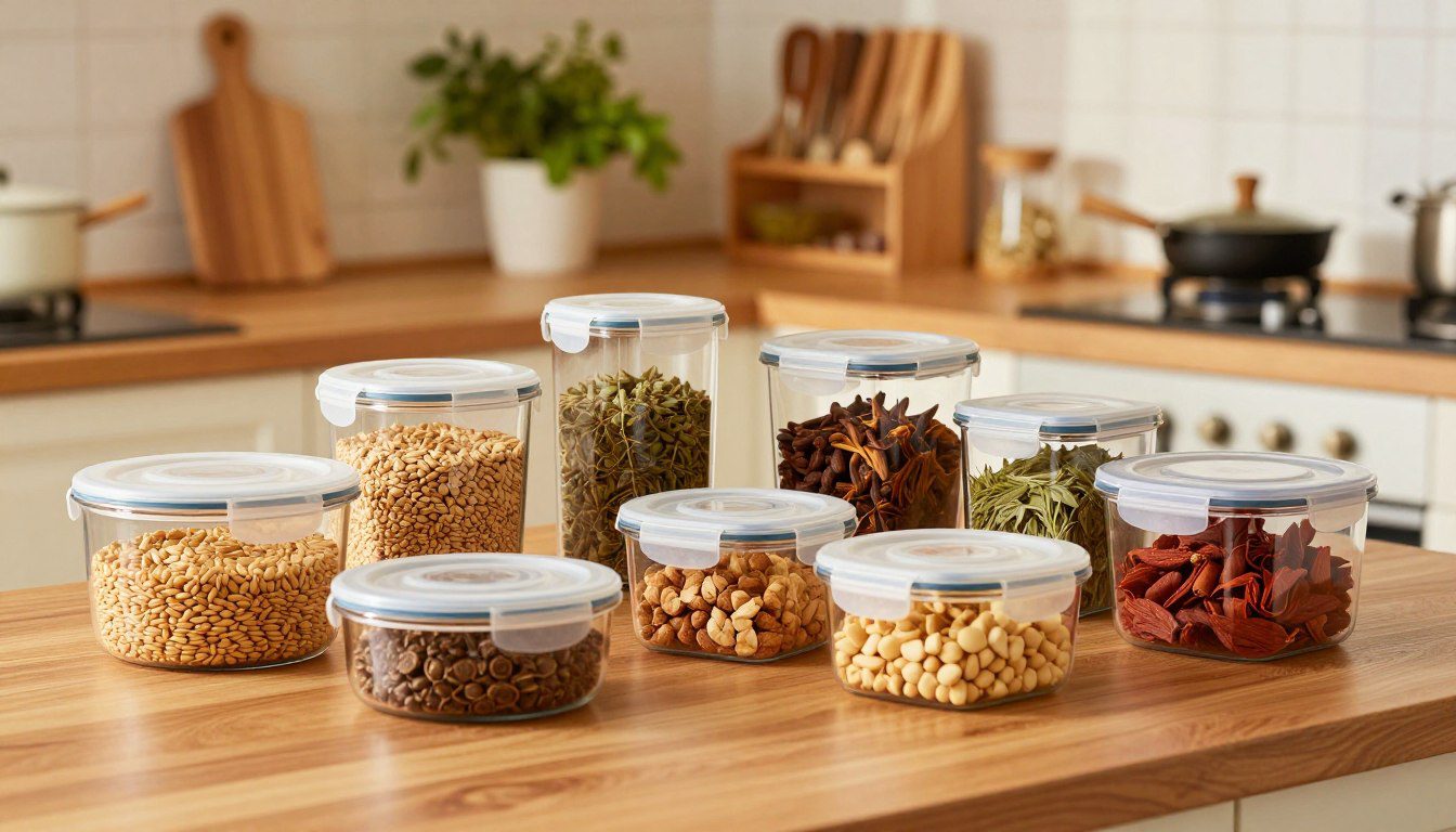 Kit de potes herméticos redondos e quadrados em diferentes tamanhos com grãos, temperos e lanches sobre uma bancada.