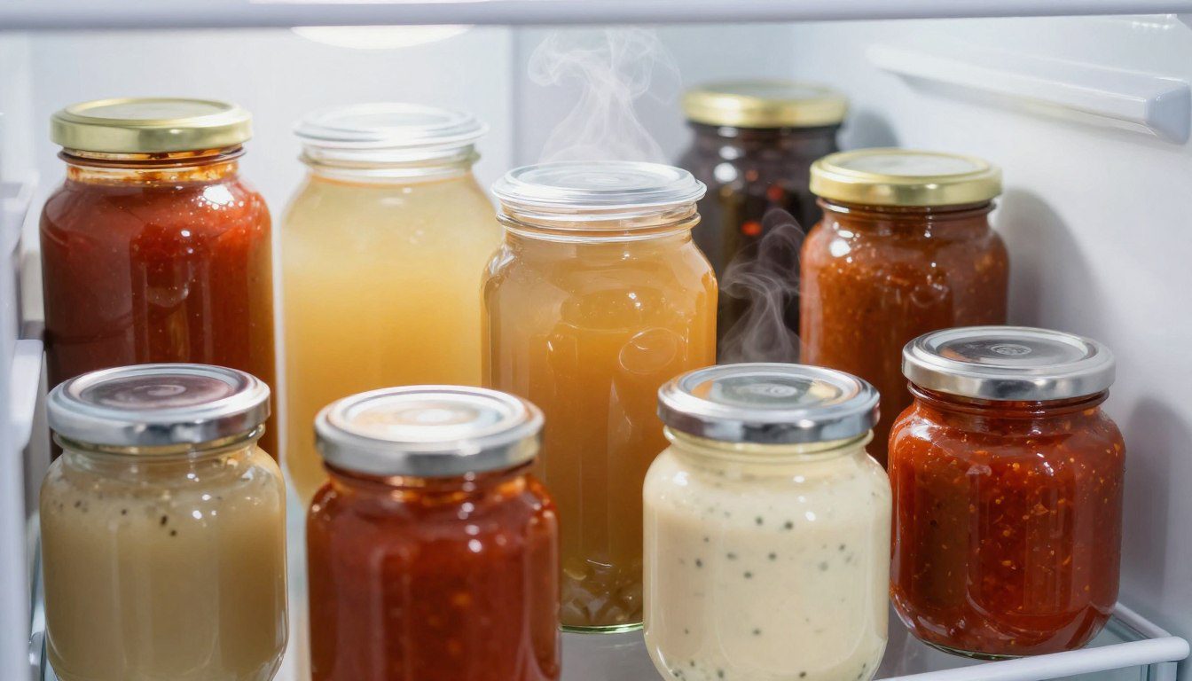 Molhos, caldos e preparações líquidas em potes herméticos Potes herméticos transparentes com diferentes molhos e caldos organizados próximos a uma geladeira.