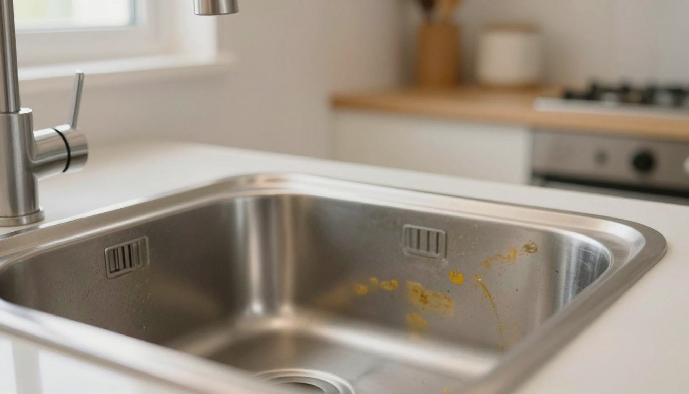 Pia de inox com manchas amareladas e áreas com alteração no brilho da superfície.