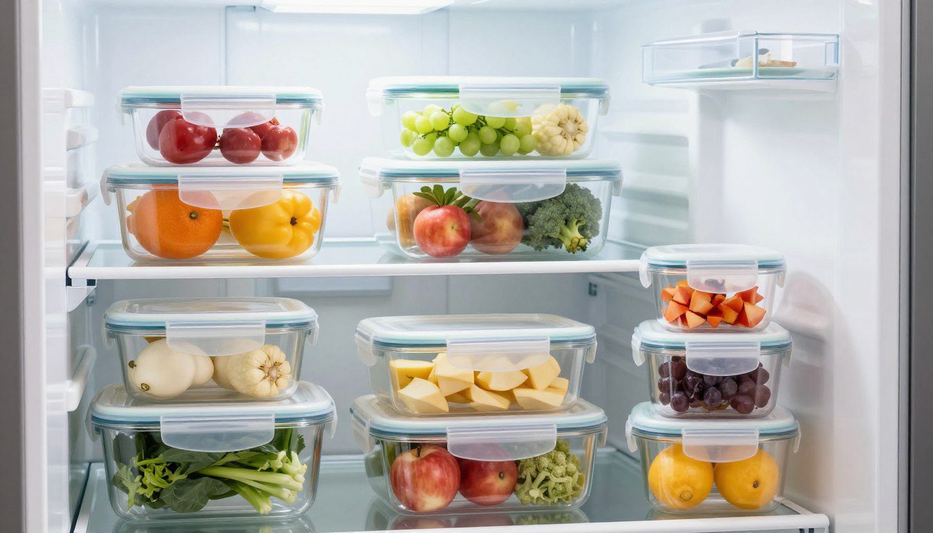 Potes herméticos de diferentes tamanhos e formatos com frutas, refeições e outros alimentos organizados na geladeira.
