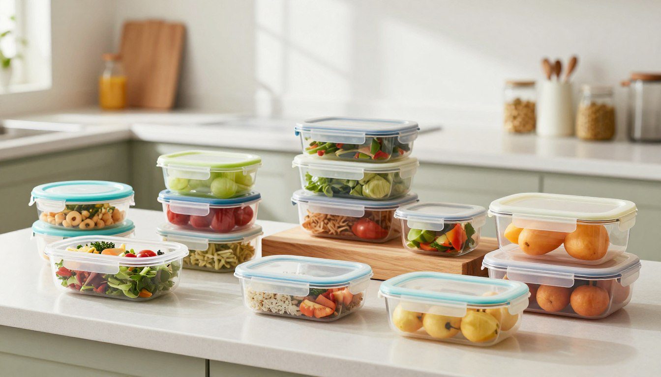 O que comparar antes de comprar potes para levar marmita ao trabalho Potes para marmita de diferentes tamanhos e formatos com saladas, arroz e frutas organizados sobre uma bancada de cozinha.