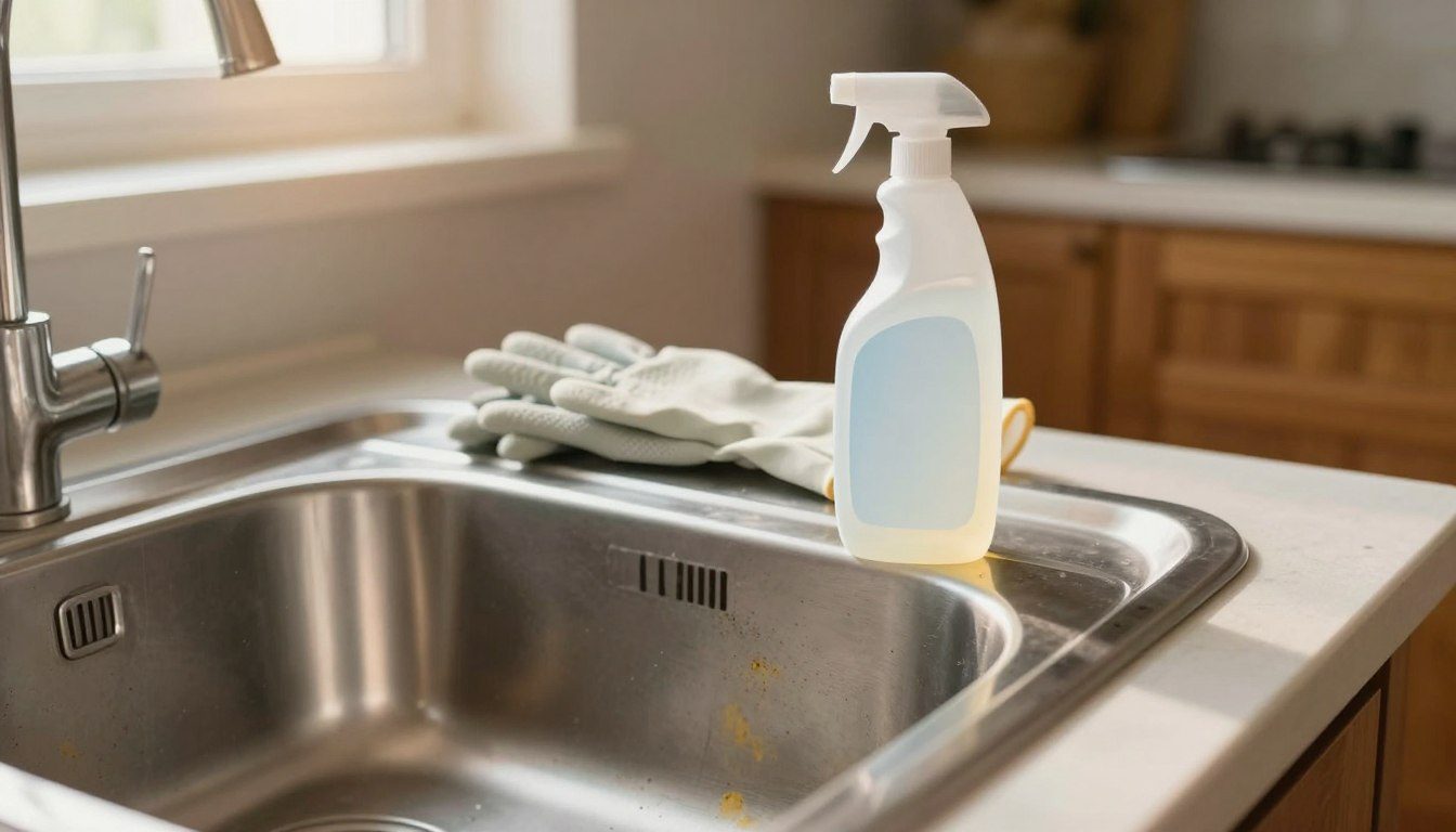 Pia de inox com manchas amareladas ao lado de materiais utilizados na limpeza sobre uma bancada de cozinha.