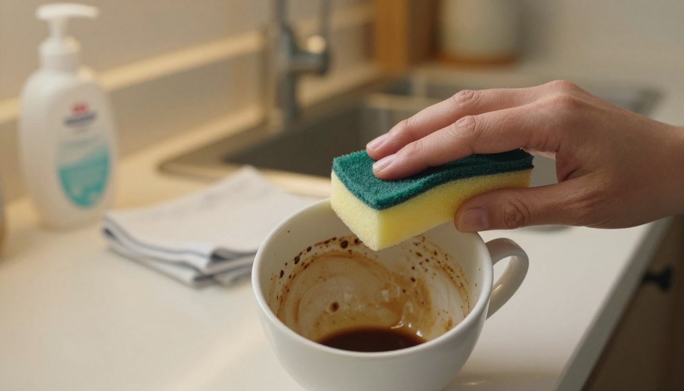 Xícara branca com manchas de café sendo limpa cuidadosamente com uma esponja macia sobre a bancada.