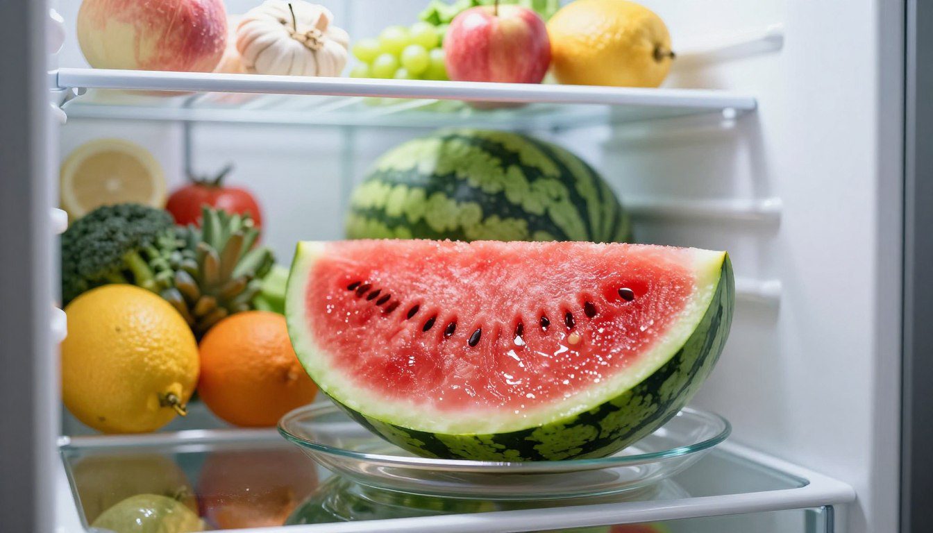 Melancia cortada armazenada em uma prateleira de geladeira junto a frutas e vegetais frescos.