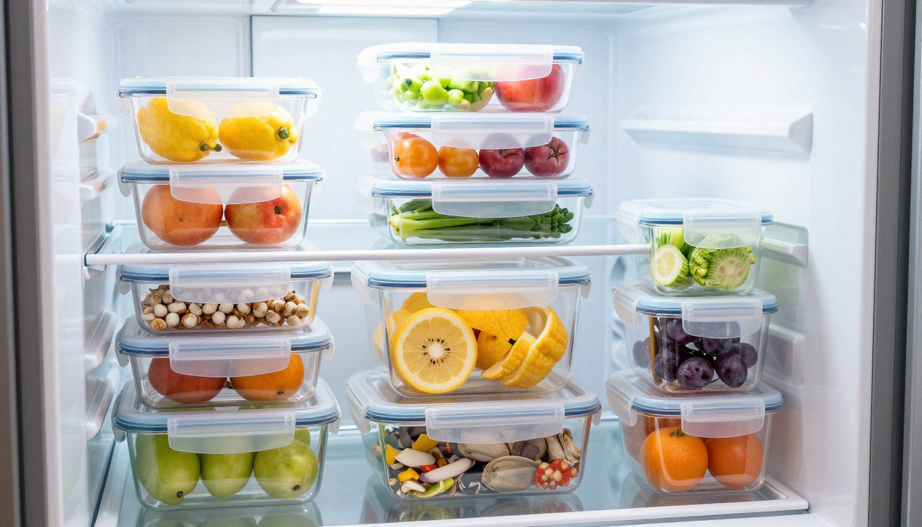 O que observar antes de comprar potes herméticos para geladeira Potes herméticos de diferentes tamanhos e formatos com frutas, vegetais e refeições organizados dentro da geladeira.