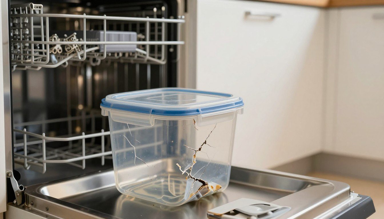 Pote deformado e com rachaduras dentro de uma lava-louças, representando possíveis danos causados pela lavagem inadequada.
