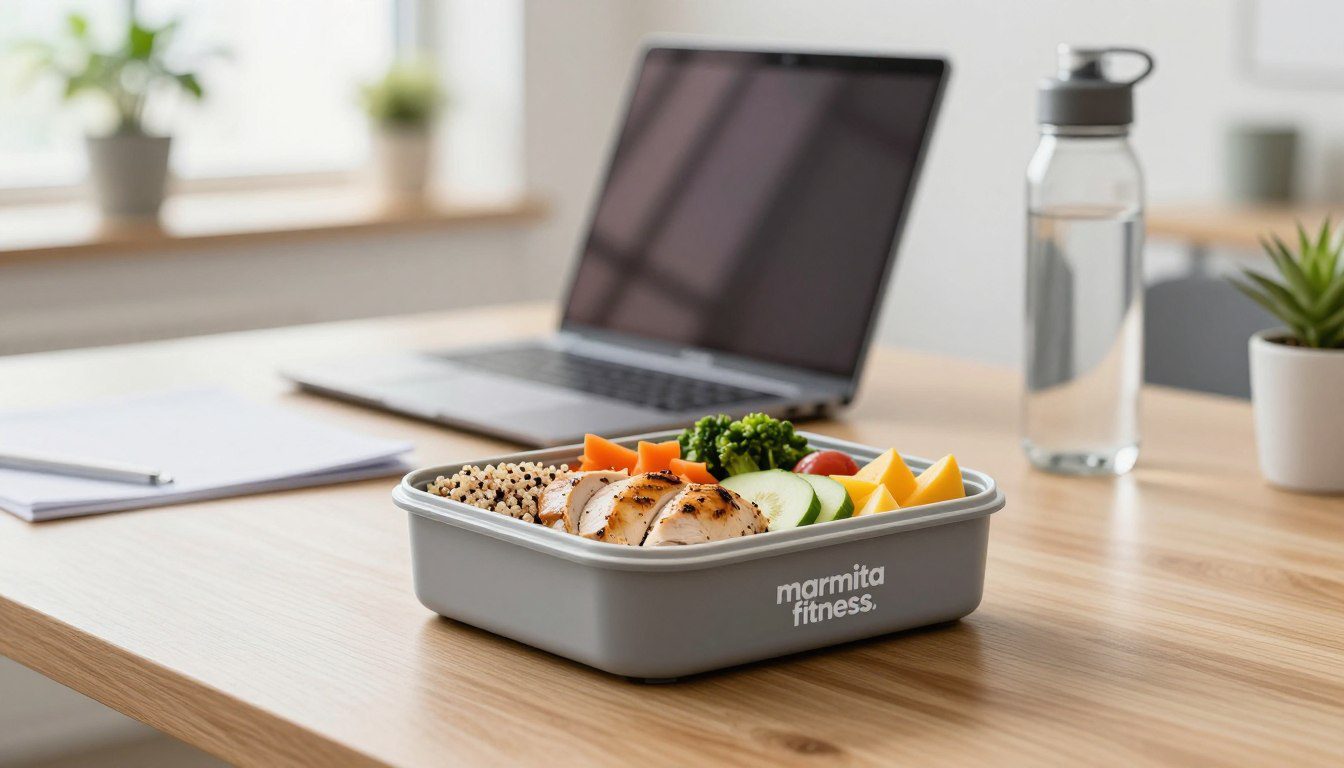 O que verificar se você aquece a marmita no trabalho Marmita com frango grelhado, quinoa, vegetais e frutas sobre uma mesa de trabalho ao lado de notebook e garrafa de água.