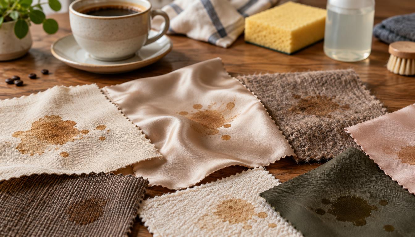 Diferentes tipos de tecidos com manchas de café organizados sobre uma mesa ao lado de materiais de limpeza.