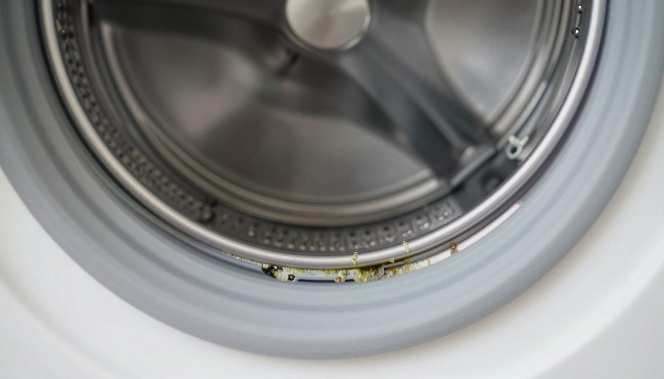 Borracha de vedação e tambor da máquina de lavar com sinais de mofo e resíduos acumulados nas frestas.
