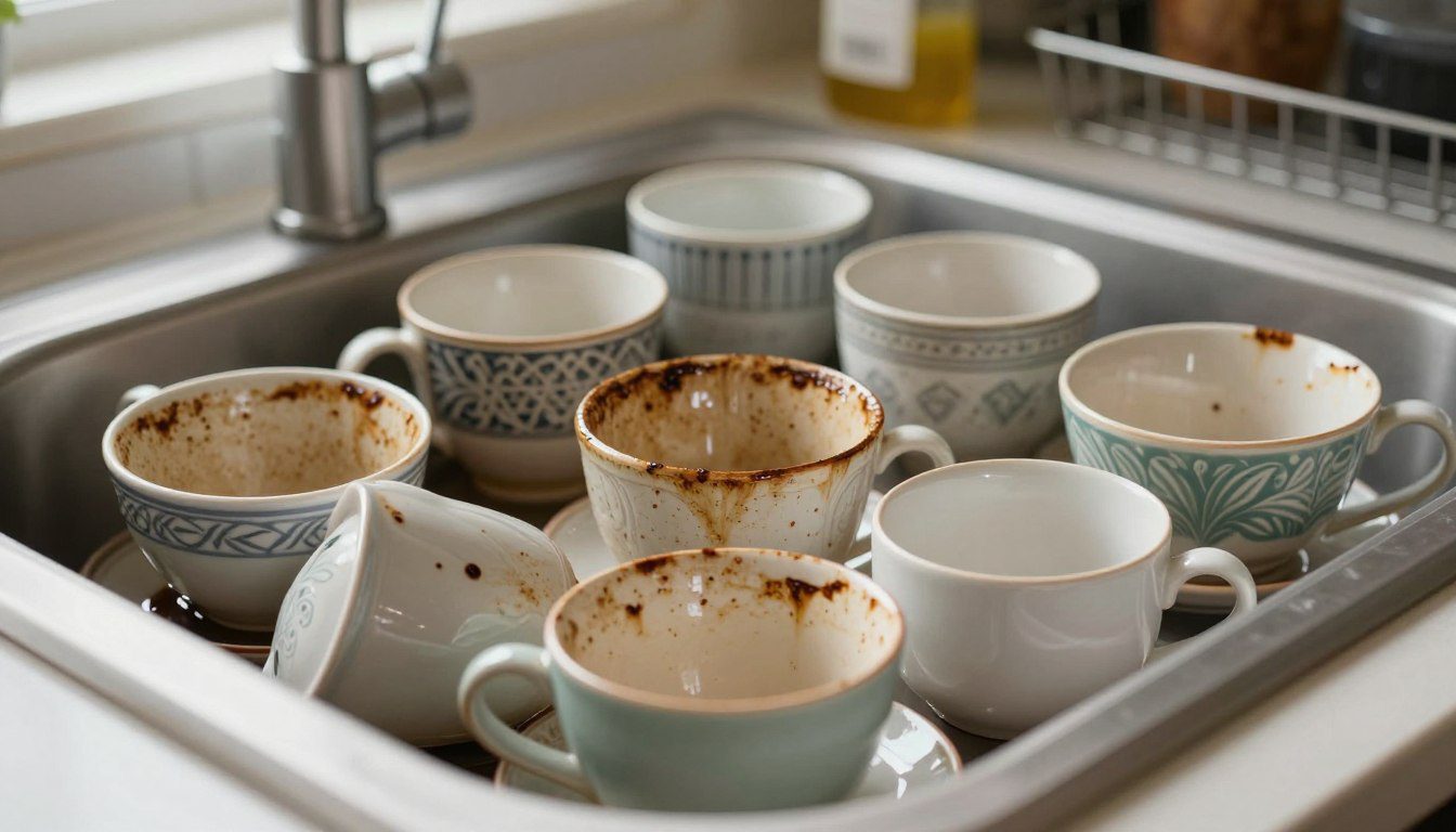 Xícaras de cerâmica com manchas e resíduos de café na parte interna dentro de uma pia de cozinha.
