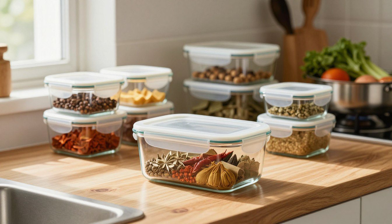 Potes herméticos de vidro, plástico e inox organizados sobre uma bancada de cozinha para diferentes formas de armazenamento.