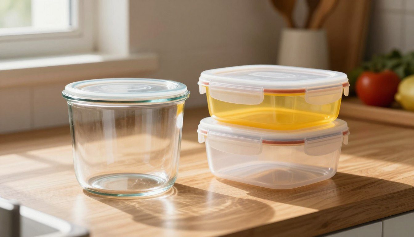 Pote de vidro transparente e pote de plástico lado a lado sobre uma bancada de cozinha para comparação dos materiais.