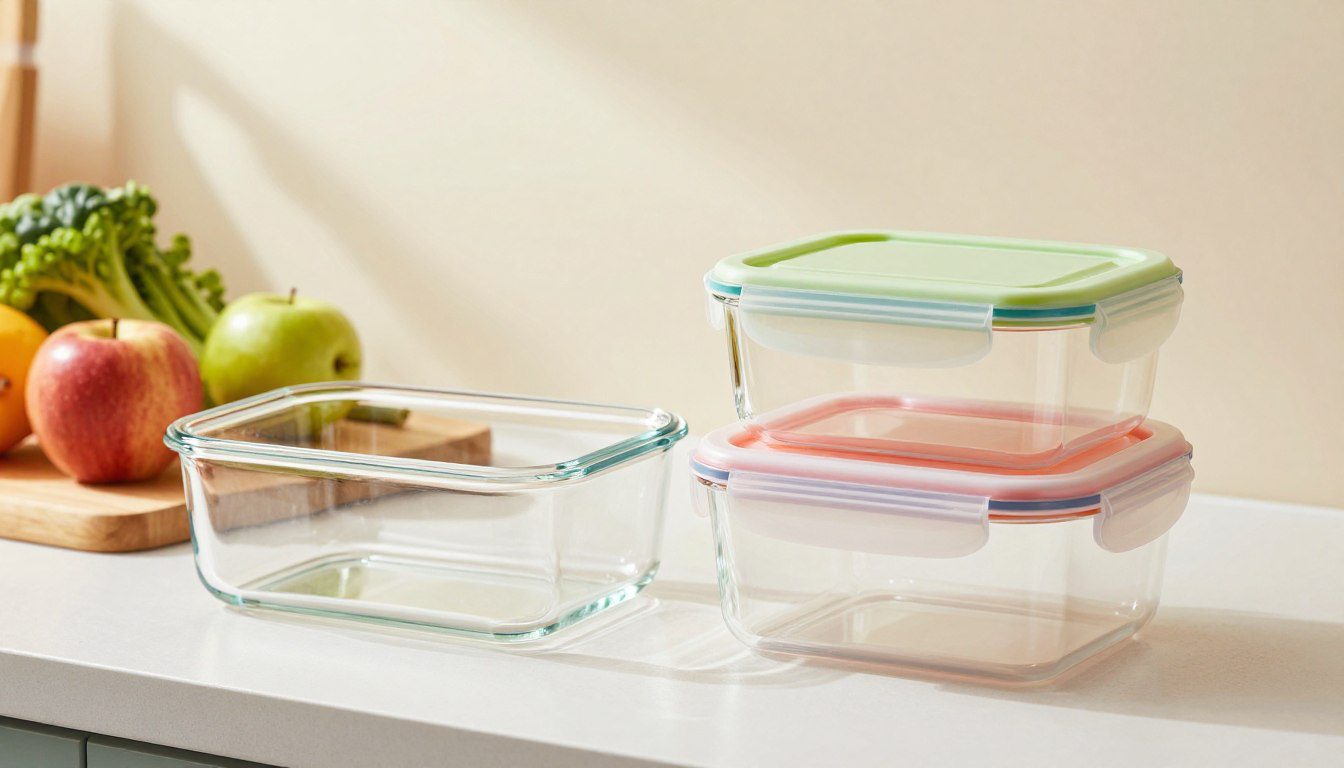 Pote hermético de vidro e pote hermético de plástico lado a lado sobre uma bancada de cozinha com frutas e vegetais.