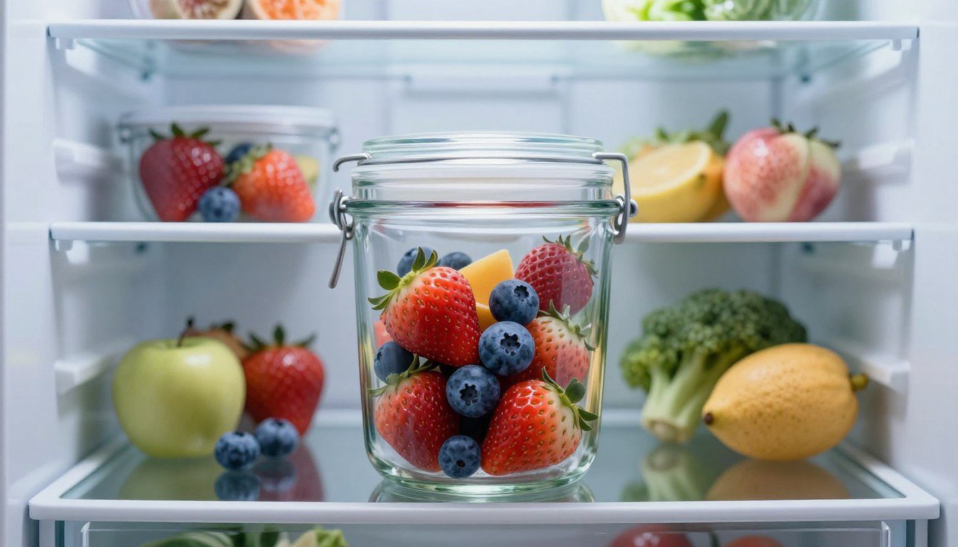 Pote hermético de vidro ou plástico para alimentos na geladeira? Pote hermético transparente com morangos e mirtilos armazenado em uma prateleira de geladeira organizada.