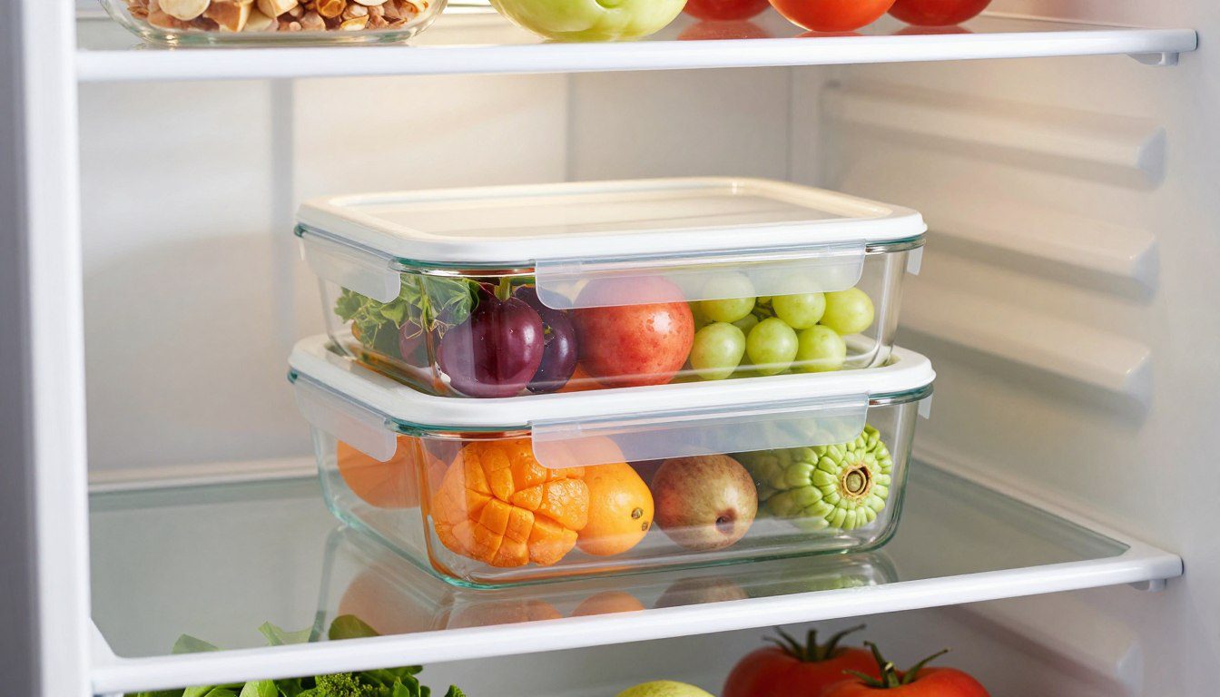 Pote hermético transparente com frutas e vegetais armazenado em uma prateleira de geladeira organizada.