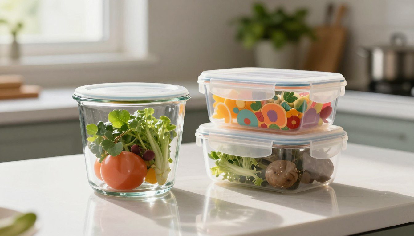 Pote hermético de vidro e pote de plástico lado a lado com alimentos sobre uma bancada de cozinha.