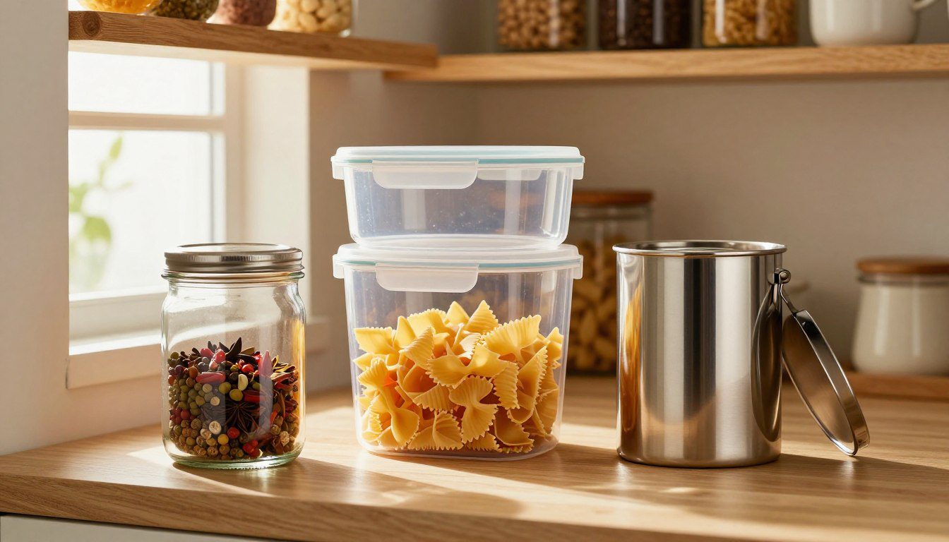 Potes herméticos de vidro, plástico e inox armazenando temperos, massas e mantimentos em uma despensa organizada.