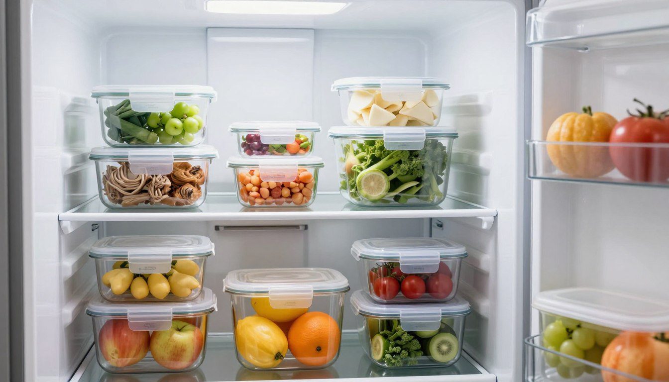 Potes herméticos transparentes de diferentes tamanhos e formatos com frutas e vegetais organizados dentro da geladeira.