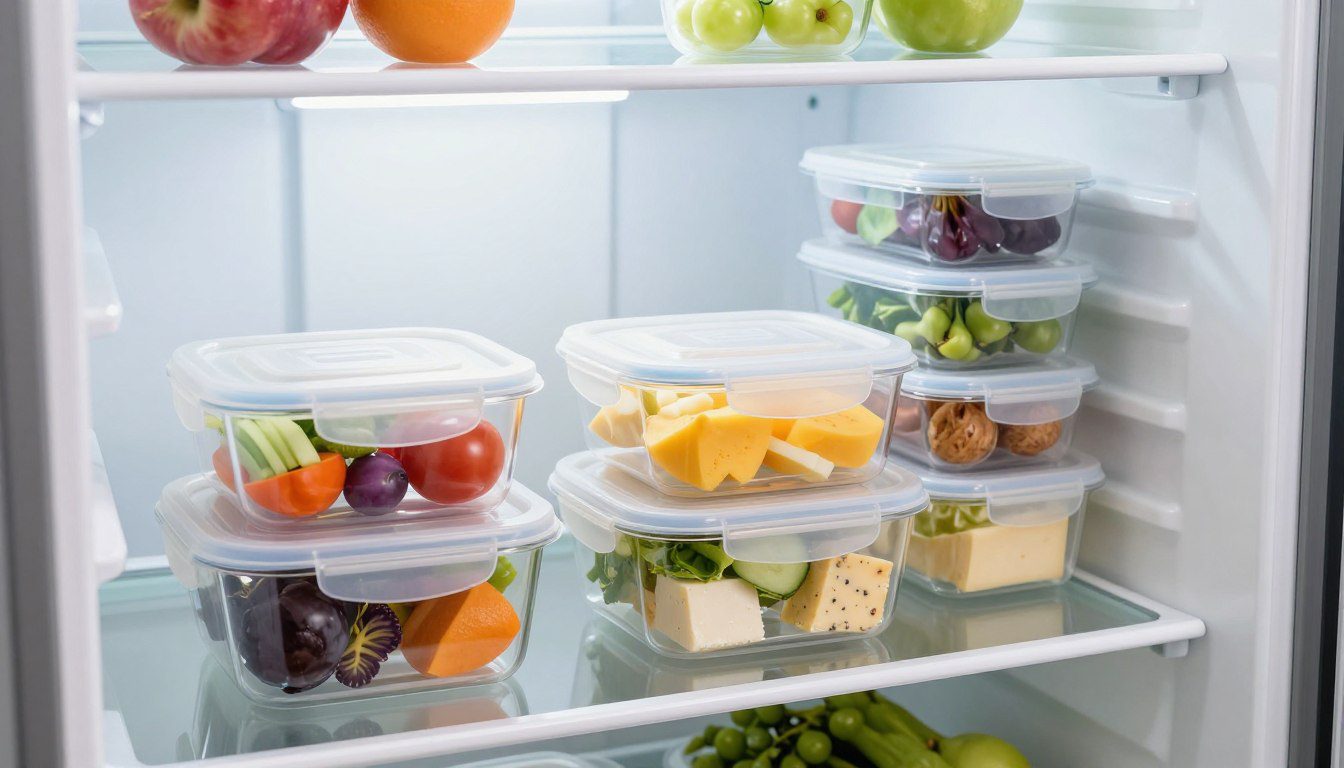 Potes com divisórias e tampas transparentes armazenando vegetais, frutas e queijos separadamente dentro da geladeira.