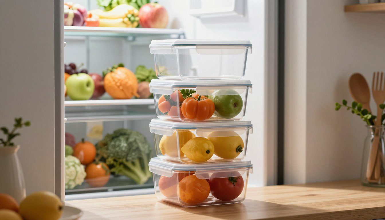 Potes herméticos transparentes e empilháveis com frutas e vegetais organizados nas prateleiras da geladeira.