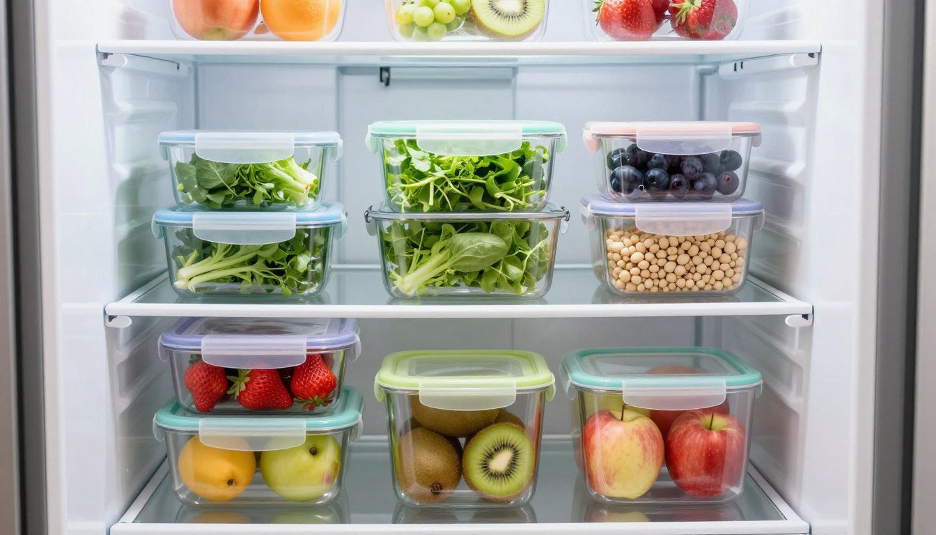Potes herméticos transparentes com frutas, verduras e legumes organizados nas prateleiras da geladeira.