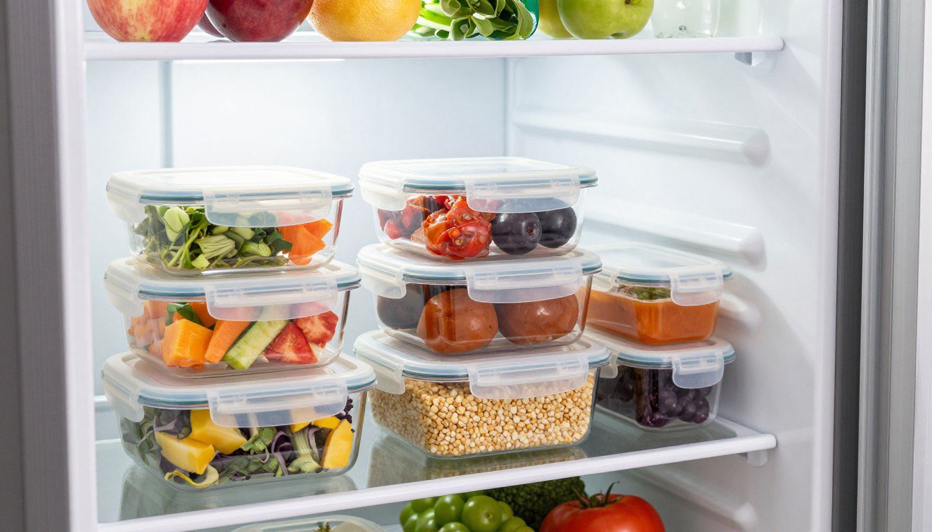 Potes herméticos transparentes com sobras de alimentos e refeições prontas organizados nas prateleiras da geladeira.